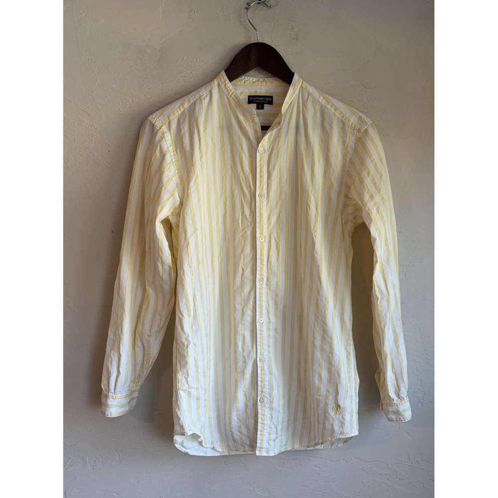 Vintage J Peterman Co. Band Collar Yellow Striped Shirt S USA Poet Preppy 90s